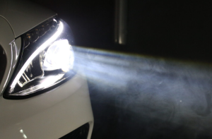 A close-up photo of a car's headlights near Noblesville, Indiana