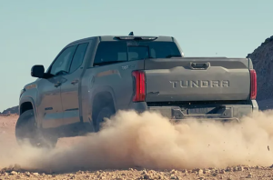 A photo of a 2024 Toyota Tundra driving through dirt near Noblesville, Indiana.