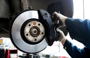 Brake pads being serviced at a Toyota dealership near Noblesville, Indiana