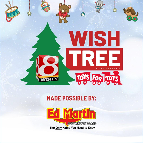 A cheerful holiday design showcasing a decorated tree, gifts, and inviting text for the Wish Tree charity event.