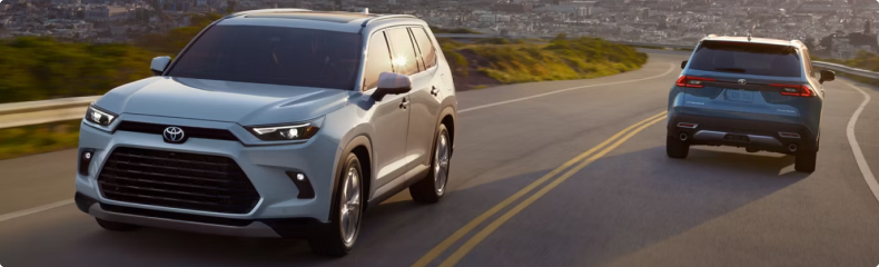 Light blue Toyota Grand Highlander and a Toyota RAV4 driving a winding hillside road
