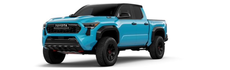Blue Toyota Tacoma Double Cab pickup, front three-quarter view