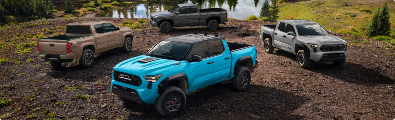 Four Toyota Tacoma pickups in different colors parked together on a hillside