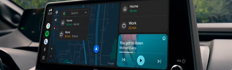 Close-up of the Prius touchscreen showing a navigation map with home and work destinations